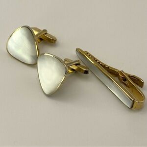Vintage mother of pearl gold tone cuff links and tie clip
